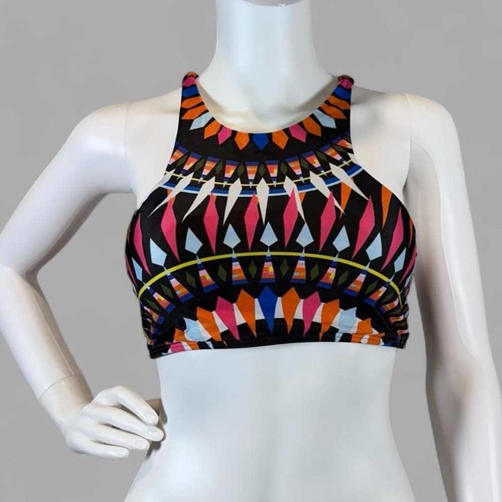 Geometric Tribal Print‎ High Neck Cross Back Bikini Top Multicolor Medium